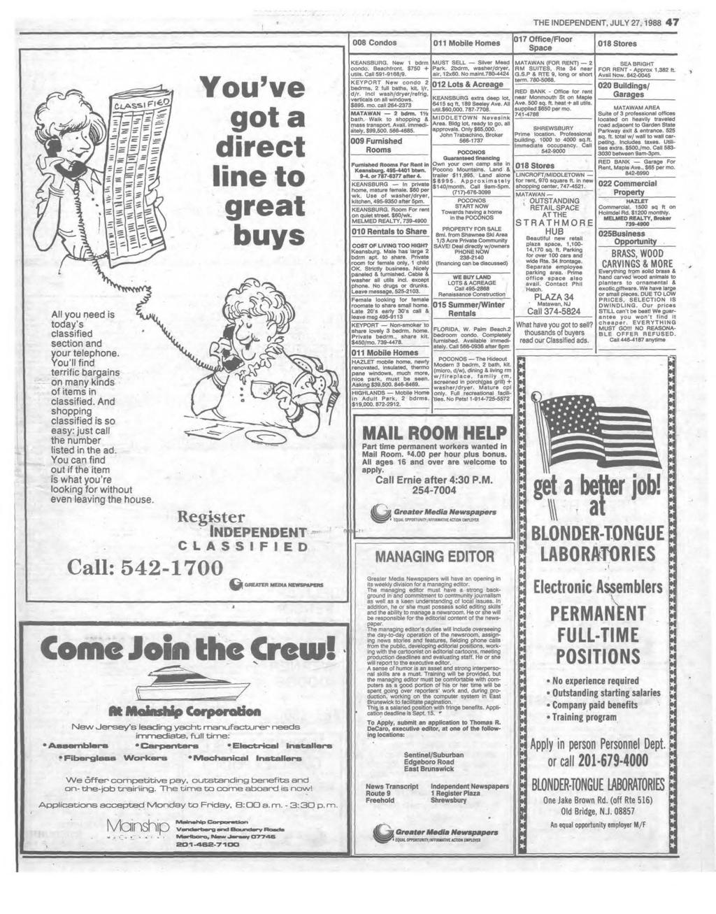 THE INDEPENDENT, JULY 27,1988 4 7 008 Condos 011 Mobile Homes 017 Office/Floor Space 018 Stores All you need is today s classified section and our telephone, ou ll find terrific bargains on many