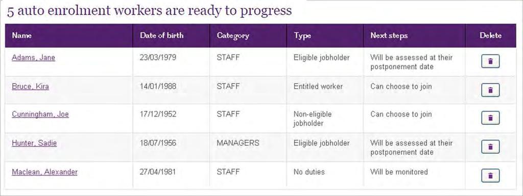 Auto enrolment workers The screenshots below show the results you will see. These vary depending on your scheme set up. Postponement is applied at a scheme or category level.