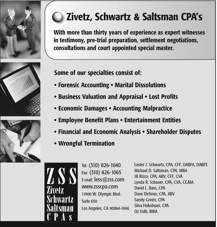 censes: CPAs, CFAs, ASAs, PhDs, and MBAs in accounting, finance, economics, and related subjects. See display ad on back cover. MAYER HOFFMAN MCCANN P.C. 10474 Santa Monica Boulevard, Suite 200, Los Angeles, CA 90025, (310) 268-2000, fax (310) 268-2001, e-mail: chansen@cbiz.
