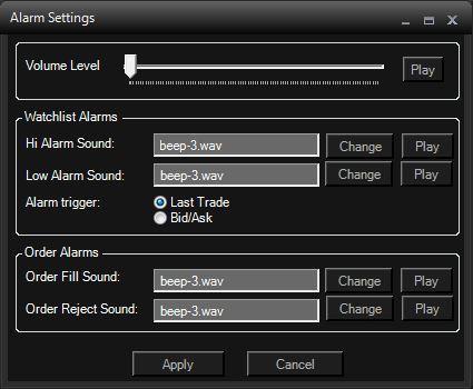 There are two places that alerts can be configured in Gtrade: 1. From the Alarm Settings from the Main Toolbar 2.
