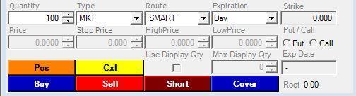 Enter the price, volume (shares), order type and route. Then click the blue BUY button to go long To place a short click the dark red SHORT button To close a long position, click the red SELL button.