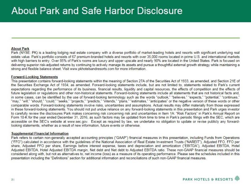 About December Park 31, and 2016, Safe as Harbor such factors Disclosure may About be updated Park from Park time (NYSE: to time PK) in is Park s a leading periodic lodging filings real with estate