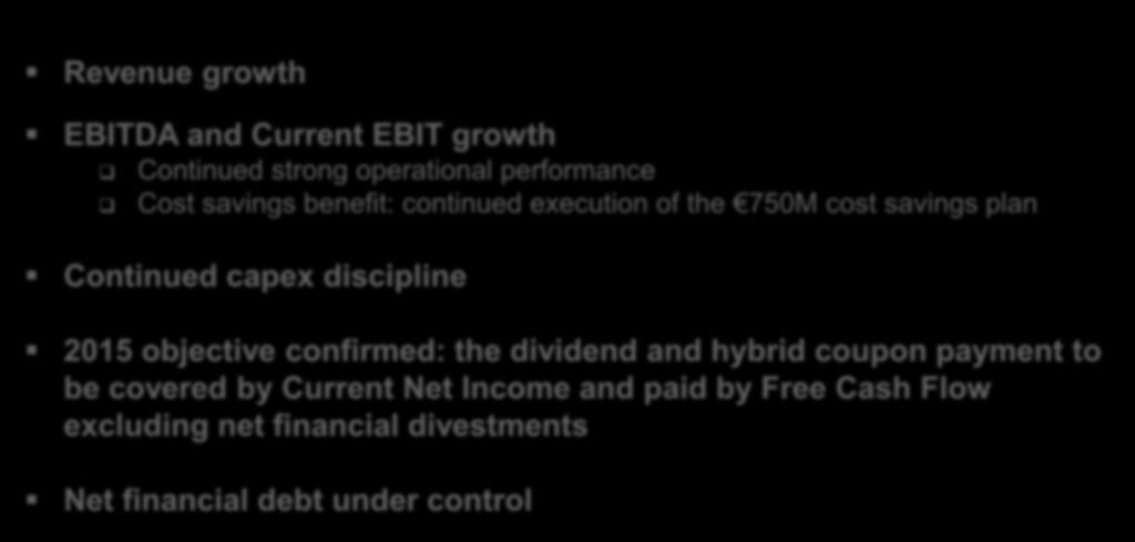 2015 Guidance confirmed Revenue growth EBITDA and Current EBIT growth Continued strong operational performance Cost savings benefit: continued execution of the 750M cost savings plan Continued capex