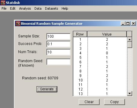 NOTE: If left blank, the Seed is a random number that causes different sample data to be created whenever the same parameters, number of values, success probability, and number of trials,