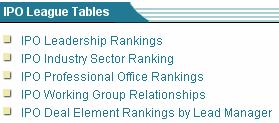 League Tables The IPO Vital Signs database contains 38 IPO League Tables in 5 subcategories.