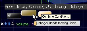 Step 4 Choose Create Condition. Step 5 Choose Crossing up through Bollinger Band Period 20, StdDev 2 BOTTOM from the dropdown menu. Click OK.