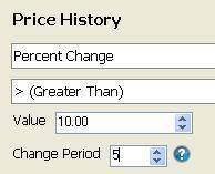 Move Direction Percent Change can look for stocks that moved up a certain percentage or better over the period.