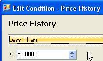 CATEGORY Price, Filter METHOD Create two Conditions based on the Price History plot one Condition for
