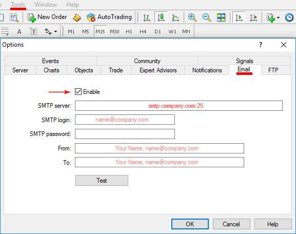 EMAIL alert setup: Setup your MetaTrader4 to send email alerts: Email setup can be done in: Tools => Options => Email Email alert must be activated in the Infinity Scalper INPUTS and Email must be