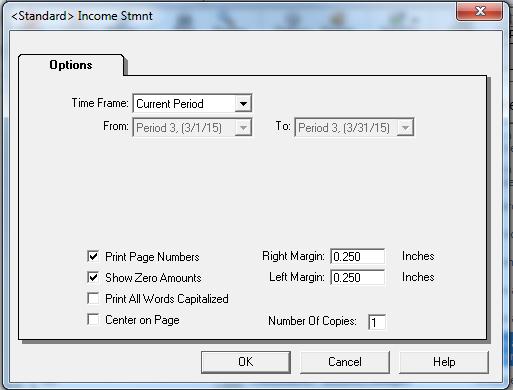 Options with the Sage 50 Complete Accounting Income Statement Report Using the <Standard> Income Statement report as the example, when you select this report Sage 50 Complete Accounting will provide