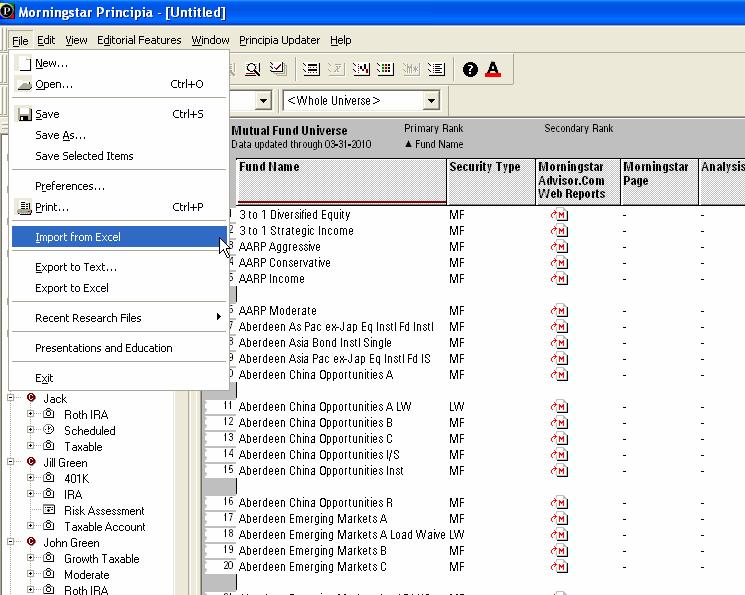 Generating Research Mode Reports Importing from Excel Importing allows you to create a list of investments in Research Mode based on securities you have in a saved Excel file.