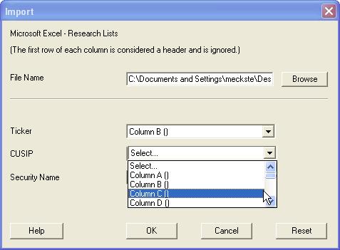 From the Ticker, Cusip, or Security Name dropdown, assign at least one identifier to the Excel column and then click OK.