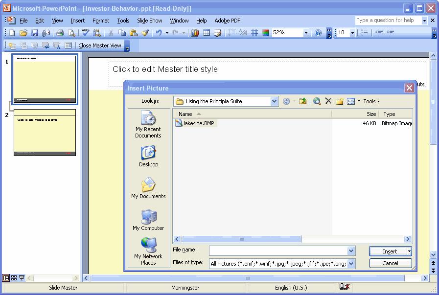 Accessing the Presentation and Education library Customizing a presentation with a company logo 5. The Insert Picture dialog box appears.