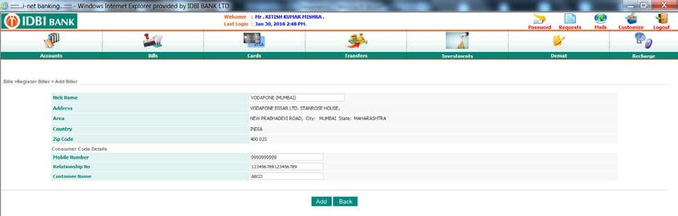 5. Select the biller and click on it for the regsitration process. 6.