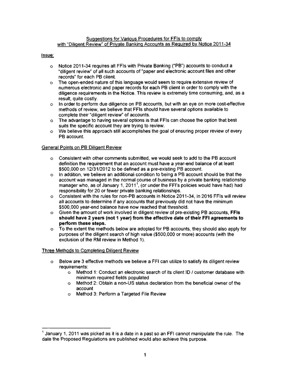 Dc 2011-20523 (6 pgs) Suggestins fr Varius Prcedures fr FFIs t cmply with "Diligent Review" f Private Banking Accunts as Required by Ntice 2011-34 Issue: Ntice 2011-34 requires all FFIs with Private