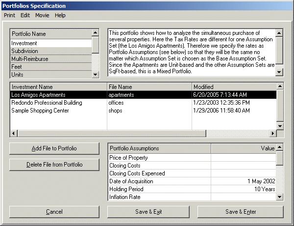 Portfolio Specification Dialog The Portfolio Specification Dialog allows you to enter the specifications for as many Portfolios as you may desire, including Comments, included Assumption Sets, and