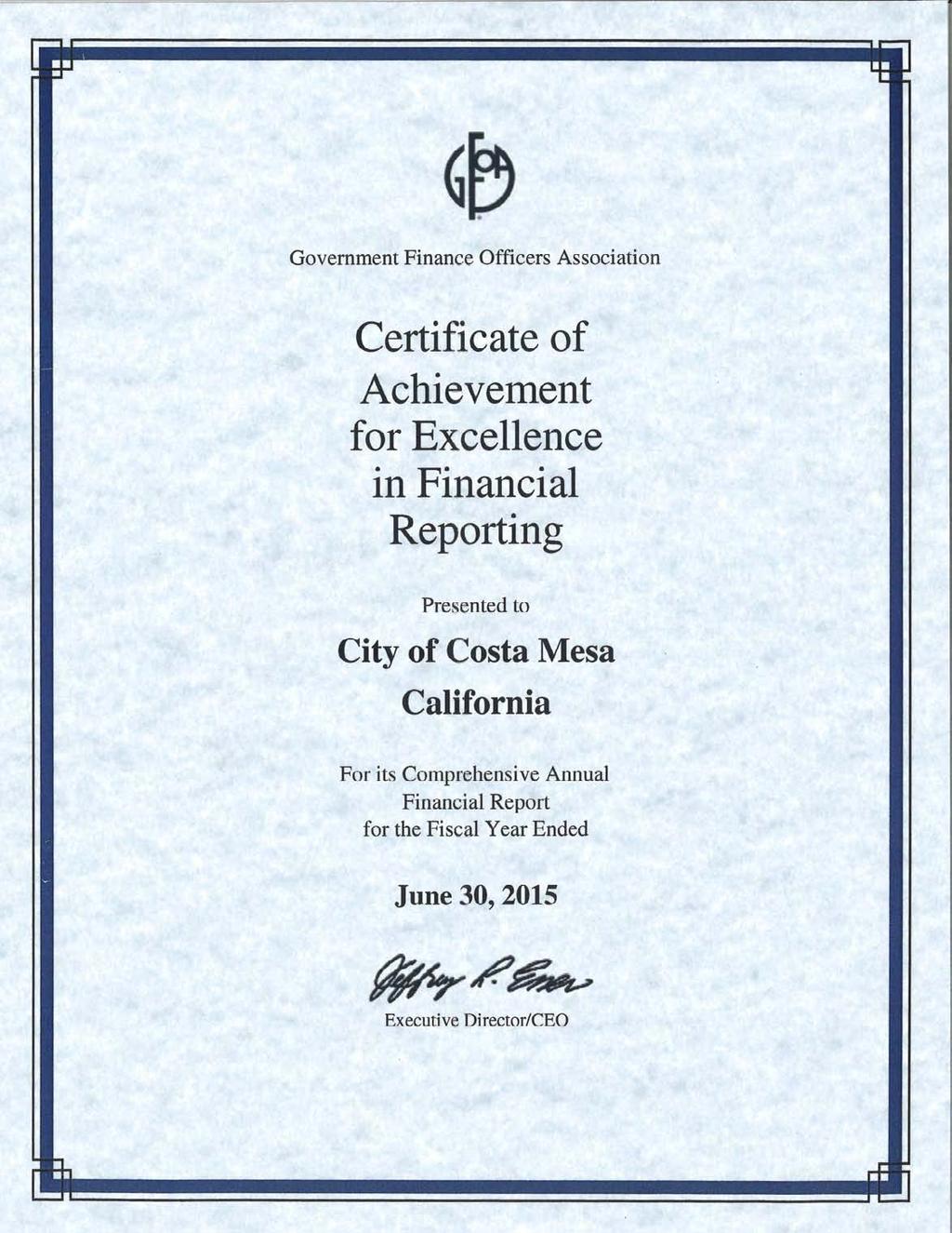 'N 't Government Finance Officers Association Certificate of Achievement for Excellence in Financial Reporting Presented to City of
