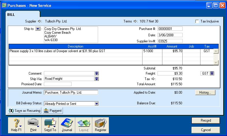 Update the Bill Insert Insert the new date and invoice number. Insert Check the price and insert the Freight charge. Then click Record.