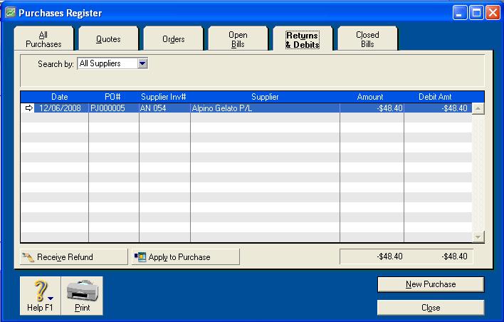 Returns and Debits The Purchases Register Go to the Purchases Journal Select Returns & Debits If nothing appears, you forgot the minus signs.
