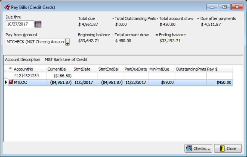 Open the PAYABLES MANAGER. 2. Click the Pay Bills button at the bottom of the window and select the Credit Card option. 3.