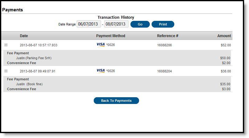 Viewing Online Payment History The Transaction History screen displays, listing