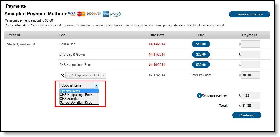 Completing the payment transaction is the same as making a payment for a school assigned fee. Select the fee to pay, enter the amount being paid and click the Continue button.