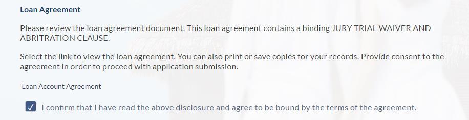 Loan Agreement Field Field Name Loan Agreement I confirm that I have read the above disclosure and agree to be bound by the terms of the agreement Select