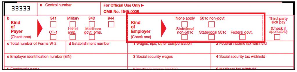 Form W-3: Indicator for Kind of Employer The IRS has modified Form W-3 Transmittal of Wage and Tax Statements. Form W-3 now includes a section to the right of box b, Kind of Employer.