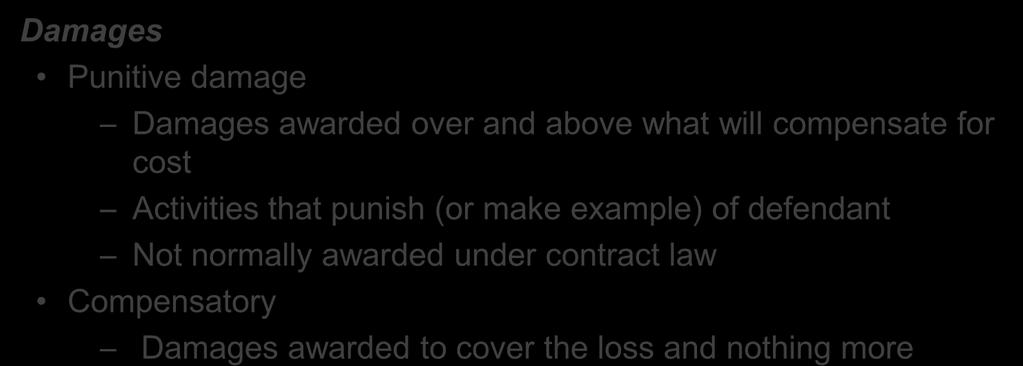 Standard Clauses of Contracts (continued) Damages Punitive damage Damages awarded