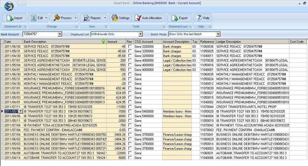 18 Bank Description page sort Often, when importing a bank Files that covers a number of months, by clicking on the Bank Description column, BankSmart will automatically resort the rows in