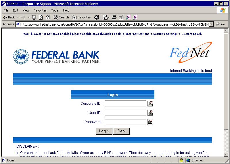 To make payment by Corporate Internet Banking, enter the Corporate ID / User ID / Password and click on the Login button.