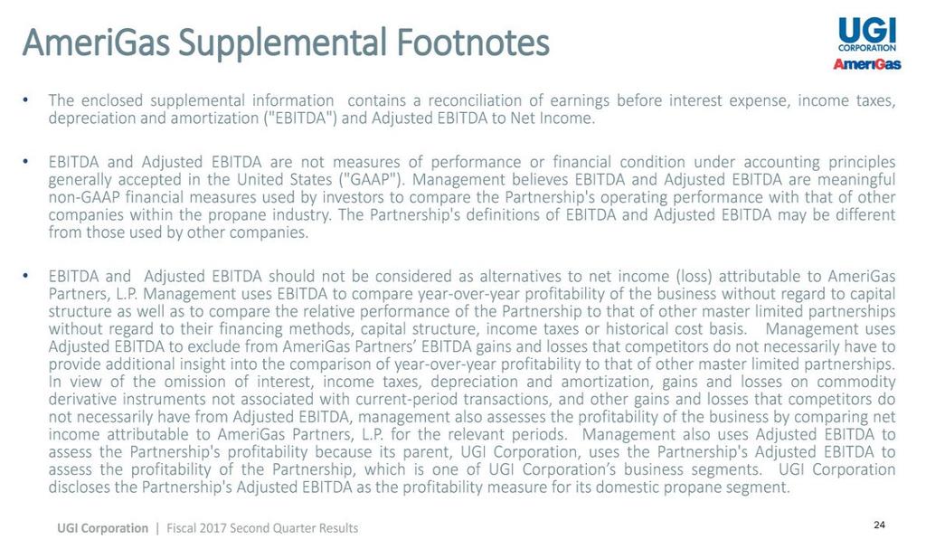 24 The enclosed supplemental information contains a reconciliation of earnings before interest expense, income taxes, depreciation and amortization ("EBITDA") and Adjusted EBITDA to Net Income.