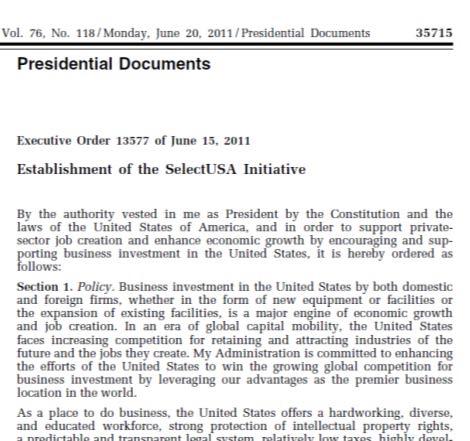 America is Changing Too SelectUSA was created by Executive Order under former President Obama in June 2011. The Executive Order outlines: 1.