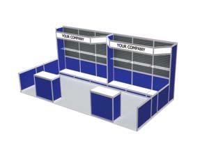Exhibit Packages Model #5 (10 x 20 ) 6 Shelves 2 Company ID Signs 2 Lockable Storage Counters, 41 High Model #6 (10 x 20 ) 6 Slatwall Upper Panels 6 Clear Acrylic Shelves 2 Company ID Signs 2