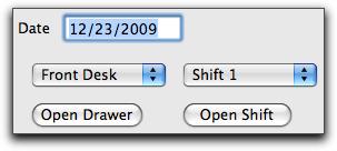 When a drawer and/or shift have been closed, the buttons change to Open Shift and Open Drawer as long as the closed drawer and/or shift are selected in the popup menus.