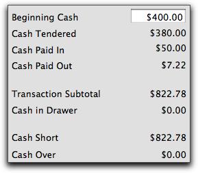 DEPOSIT OUT When ready to close the drawer for the day, go to the Cash Counting sheet. The following is an example of removing cash from the drawer when the final cash count is MORE than desired.