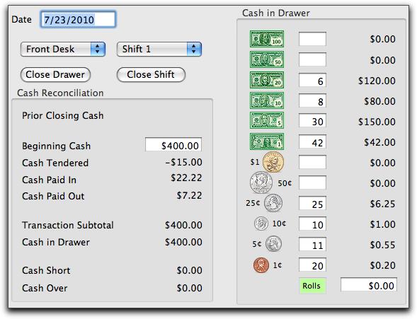 DEPOSIT IN When ready to close the drawer for the day, go to the Cash Counting sheet. The following is an example of adding cash to the drawer when the final cash count is LESS than desired.