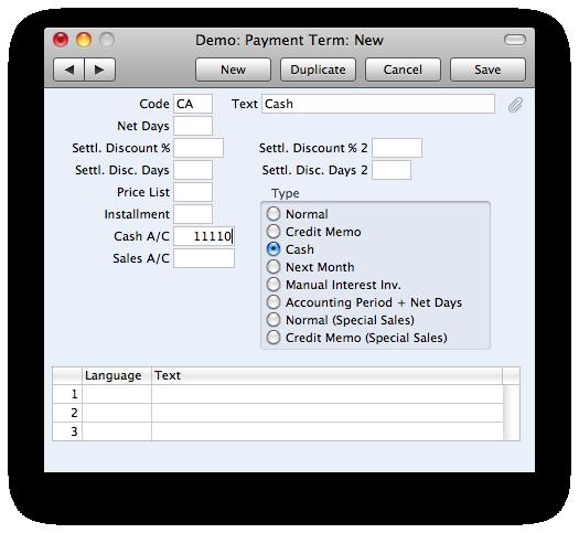 7. When entering a Cash Invoice or Payable, enter the appropriate Cash Type Payment Term. When you approve and save the Invoice, it will be treated as paid.