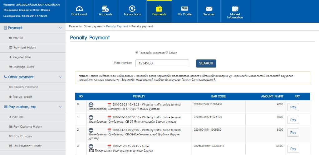 6.2 PENALTY PAYMENT You can pay yours as well as others penalty payments online via Penalty payment on Payment tab.