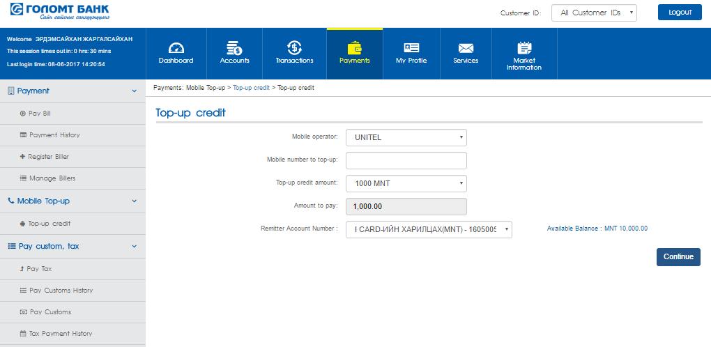 6.3 MOBILE TOP-UP Through Top-up credit service in payments menu, you can easily
