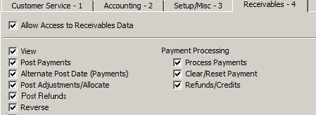 The following permissions must be set on the USER GROUPS screen: 1. Go to the Receivables tab. 2. Select Post Refunds in the Receivables column on the left side. 3.