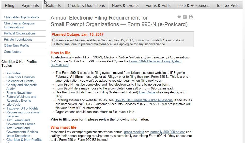 From this page, go to the How to File box to find the link to file an e-postcard (Form 990-N). Next, you will choose between two options: Option 1.