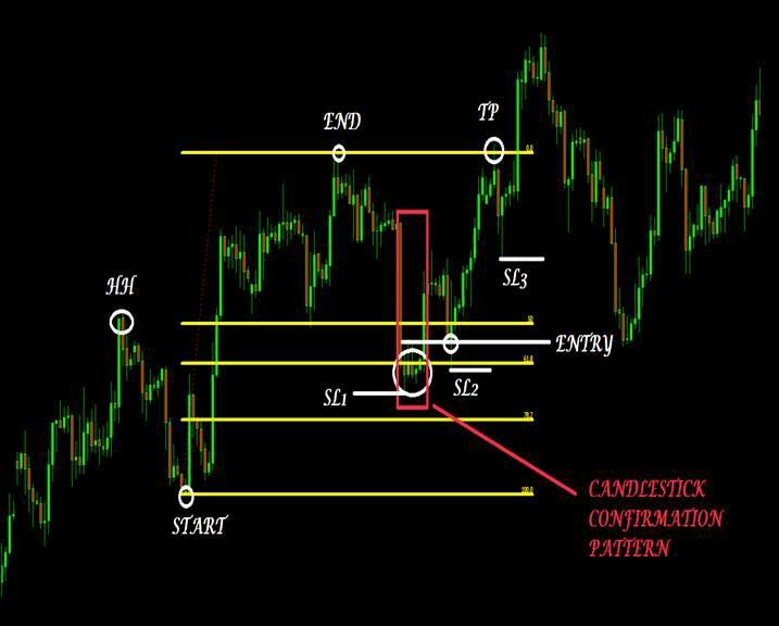 In the example above we have a clear uptrend, the daily chart confirmes it. We lay fibonacci retracements on the chart. Price comes to the 61.