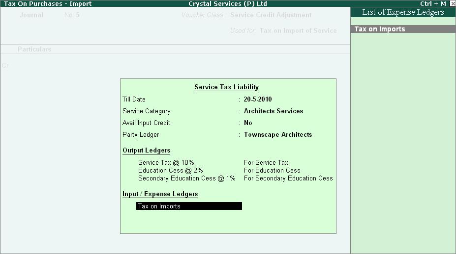 Secondary Education Cess @ 1% ledger to account Secondary Education Cess In Output Ledgers section service tax ledgers are selected to compute (calculate) and create the service tax liability (to be
