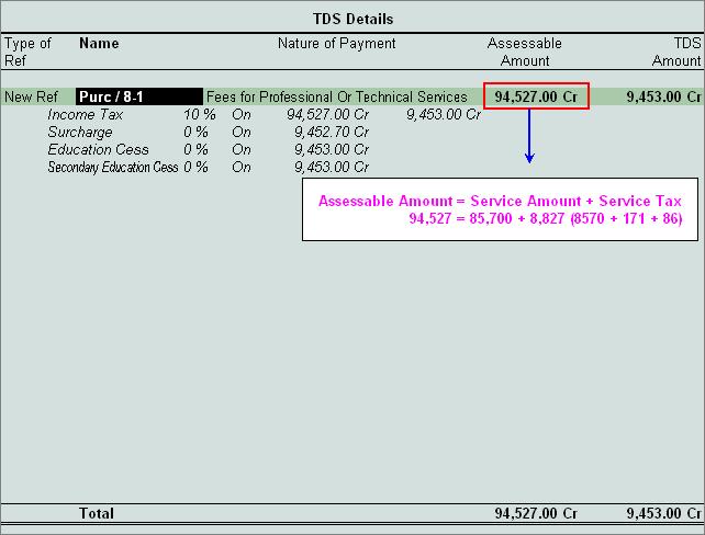 10.From Amount field press enter to view TDS Nature of Payment Details screen, in this screen by default the TDS Nature of payment selected in the Expense ledger will be displayed.