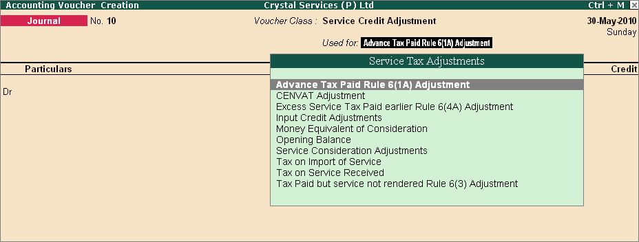 2.28.2 Adjustment of Advances against the Tax Liability Example 33: On May 30, 2010 M/s. Crystal Services (P) Ltd. adjusted Service Tax Liability of Rs.