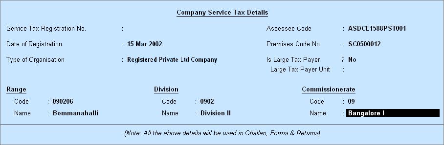 Enabling Service Tax in Tally.ERP 9 9. Under Division, enter the Division Code and Name under which your company falls. 10.