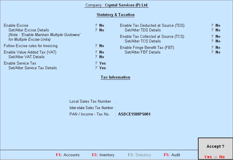The completed Company Service Tax Details screen appears as shown Figure 1.4 Completed Company Service Tax Details Screen 11. Accept the Company Service Tax Details screen.