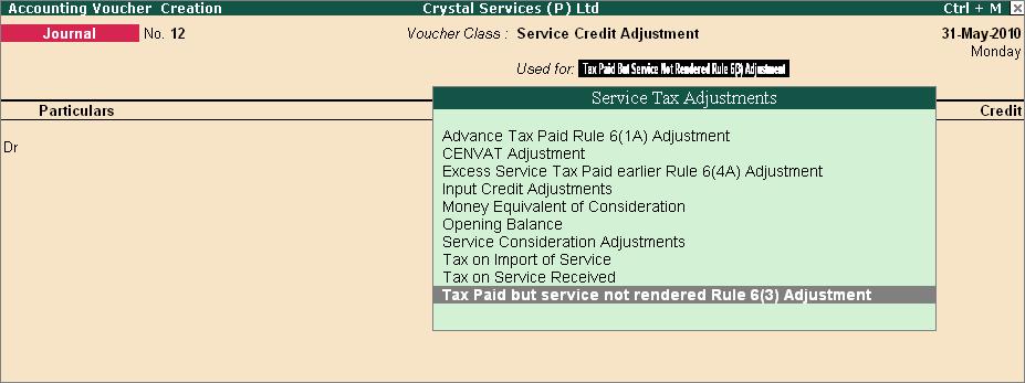 6. Record the Journal Voucher (To account adjust the tax paid on the cancelled services towards the tax liability) Go to Gateway of Tally > Accounting Vouchers > F7: Journal 1.