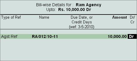 Figure 2.63 Bill-Wise Details Screen 5. In Credit field select the bank ledger - Canara Bank.